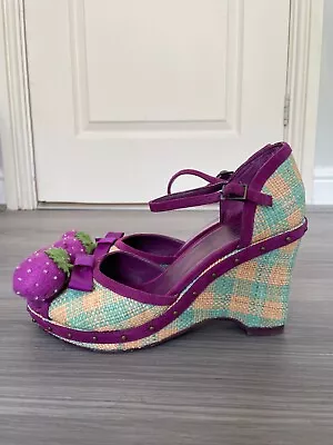 Retro Style Miss L-Fire Grenadilla Green / Purple Wedges UK5/38 • £37.99