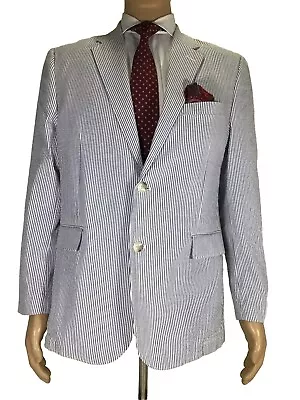 Jos A Bank Men's Blue Striped Cotton Blend Seersucker Blazer Sport Coat Sz Large • $43.95