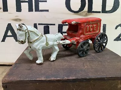 Vintage 1940 Cast Iron White Horse Drawn Red Ice Cart Buggy Wagon Toy Antique • $18