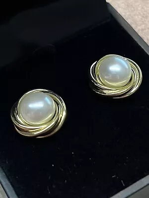 14K Yellow Gold Pearl Love Knot Button Earrings NEW IN BOX • $49.99