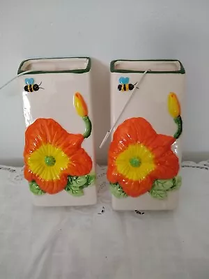 Pair Beautiful Ceramic Wall Vases. Orange Colourful. VGC. • £21.99