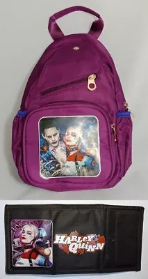 HARLEY QUINN Multi-purpose Poly Backpack Purple + Tri-fold Nylon Wallet In Black • $45
