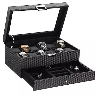 Watch Box Organizer With Valet Drawer - Real Glass Top Adjustable Tray Meta... • $54.58