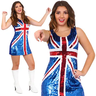 £19.99 • Buy Ladies Union Jack Dress Sequin Royal Family Pop Star Britain Costume Fancy Dress