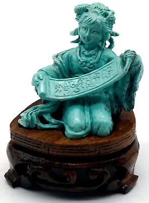 Vintage Chinese Turquoise Stone Sculpted Figurine Statue Lady Courtesan Scroll + • $499.99