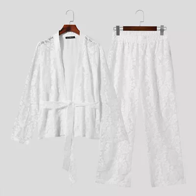 INCERUN Mens Lace Crochet Tops Cardigan Long Pants Trousers Suits 2PCS Sets Plus • $35.14