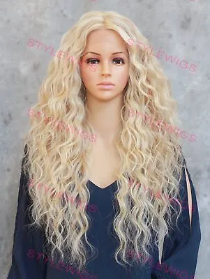 Light Blonde Mix Long Loose Waves Heat Safe Lace Front Human Hair Blend Wig EVFD • $84.85