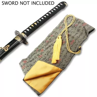 Black And Gold Silk Embroidered Japanese Sword Bag With Gold Rope Tie • £18.95