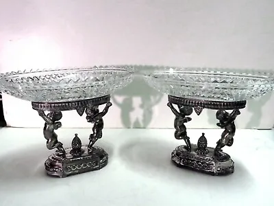 Victorian Pairpoint Mount Washington Glass & Silver Cherub Compote Pair - Signed • $900