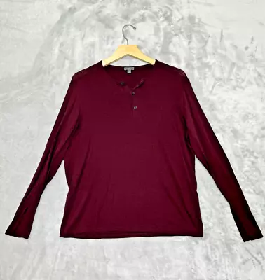 VINCE Top Womens Large Dark Red Henley Silk Cotton Wool Blend Knit Long Sleeve • $34.99