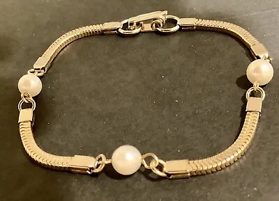 Vintage Gold Plated GENUINE PEARLS Delicate Snake Chain Bracelet Free Shipping • $24