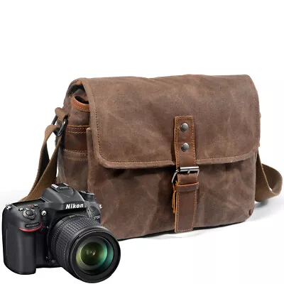 Vintage Canvas Leather Waterproof  Trim DSLR SLR Shockproof Camera Messenger Bag • $73.56