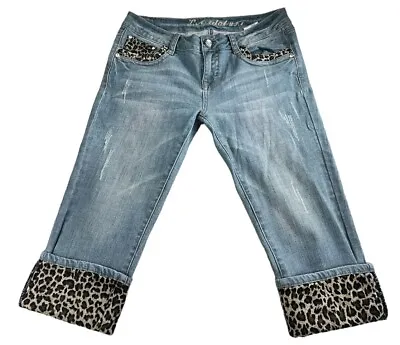 Y2K 90's LA Idol USA Pants Size 11 Blue Capri Animal Print Rhinestones Stretch • $15.60