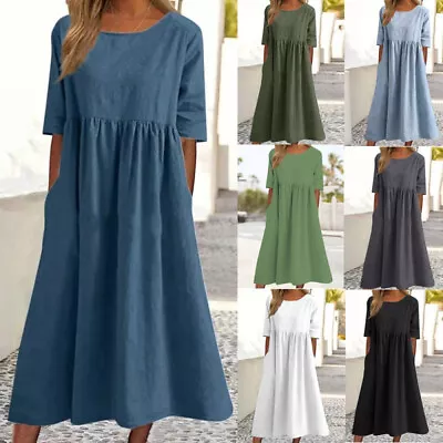 Womens Short Sleeve Pleated Midi Dress Ladies Casual Baggy Solid Swing Dresses • £11.99