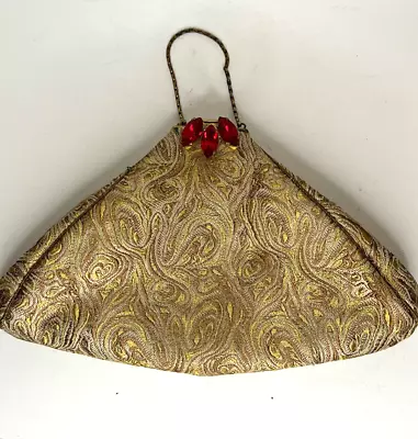 French Brocade Evening Handbag With Ruby Stone Closure Brown And Gold Vintage • $54.99