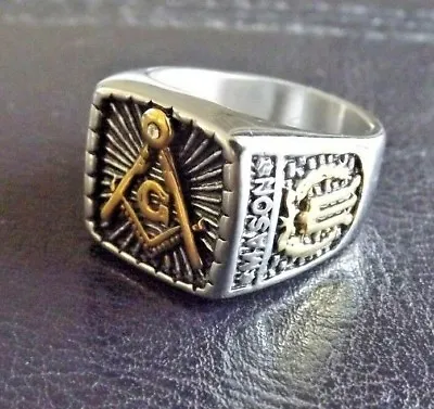 Stainless Steel Masonic CZ Ring - 2 Tone Freemason Mason Ring • $11.95