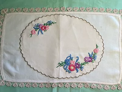 Vintage Hand Embroidered Dresser Scarf~Flowers~Crochet Edging Set Of 2 • $0.99