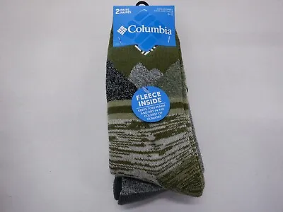 Mens Columbia Green Gray Smoky Moutains 2 Pair Pack Fleece Crew Socks New #22145 • $5.48