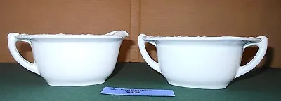 VTG White Milk Glass Gravy Boat CREAMER & SUGAR Bowl SET Floral Rim • $28