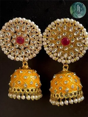 Indian Bollywood Meenakari Dome Shape Jhumka Earring With Handmade Stone Work • $18.95