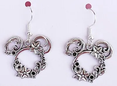 Silver Mickey Mouse Floral Drop Dangle Earrings!! • $9