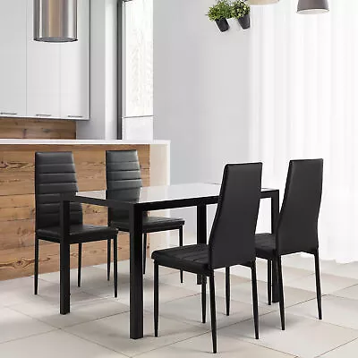 5Pcs Dining Set Kitchen Room Tempered Glass Table Set And 4 Leather Chairs Home • $159.99