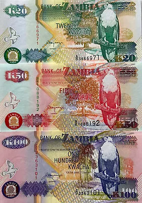 Zambia 🇿🇲rare Set 20 50 100 Kwacha Colourful Uncirculated Banknotes • £2.89