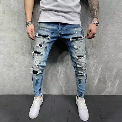 Mens Ripped Skinny Jeans Trousers Casual Stretch Slim Fit Distressed Denim Pants • $37.19
