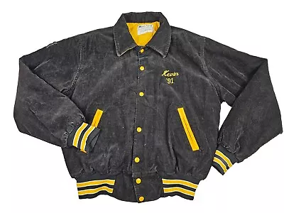 Vtg 90s Corduroy Varsity Jacket Adult Large Black Soccer Swimming Kevin 91 USA • $59.49