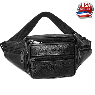 Genuine Leather Fanny Pack Multi Zippered Waist Bag Hip Belt Purse Black Pouch • $12.99