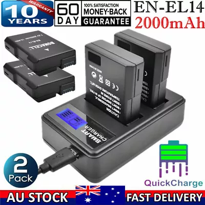 2x 2000mAh EN-EL14 EN-EL14a Battery & USB Charger For Nikon D3200 D3400 P7000 AU • $34.99