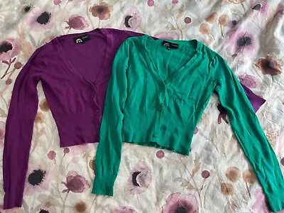 2 Cropped Bolero Top Long Sleeves Button Down V-Neck Green & Purple Stretchy S • $6