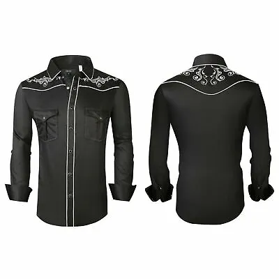 Mens Western Rodeo Cowboy Shirt Black White Embroidered Floral Pockets General 4 • $24.95