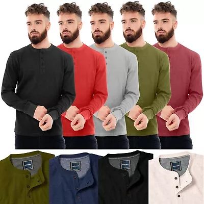£11.99 • Buy Mens Henley T-Shirt Jumper Top Thermal Grandad Neck Waffle Knit Long Sleeve Work