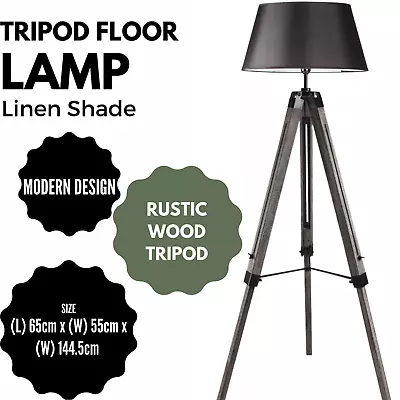 $105 • Buy LARGE TRIPOD FLOOR LAMP Linen Shade Modern Light Retro Vintage Wooden
