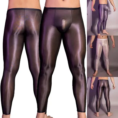 Men's Sexy Ice Silk Pants See Through Glossy Tights Convex Pouch Underwear • £9.11