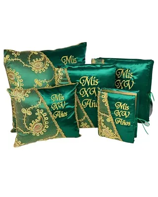 $175 • Buy 5 Pc Green And Gold Colour Quinceanera Set Mis Quince Set Pillows Guest Book Pho