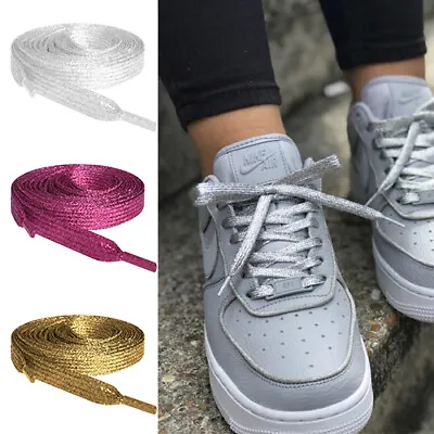 Sparkly Glittery Metallic Coloured Flat Shoelaces For Kids Ladies Trainers Shoes • £2.99