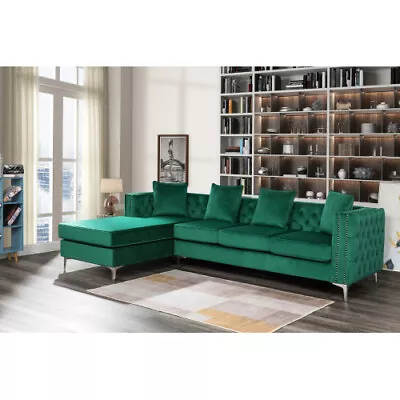 Modern L-shaped 109  Deep Blue Velvet Reversible Sectional Sofa W/Nail-Head Trim • $1370.29