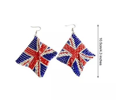 Red White Blue UK Union Jack Flag Rhinestone Hook EARRINGS Coronation Party Prom • £4.59