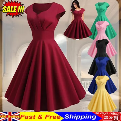 UK Womens Ladies Retro 50s Rockabilly Dress Evening Party Pinup Swing Midi Dress • £16.37