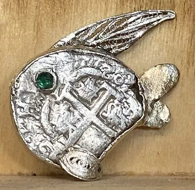 Authentic Spanish Silver Cob Coin 2-Reales 1702 Potosi Custom Setting W/ Emerald • $345