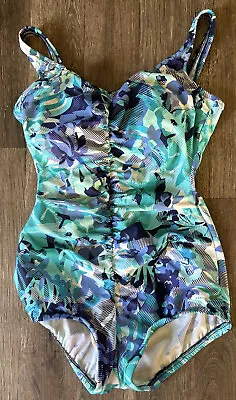 Vtg Trimshaper Blue Floral Ruched Front Swimsuit Pin Up One Piece Size 14 • $35