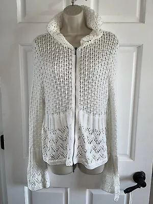 CAbi #821 Bay Breeze L White Crochet Double Zipper Hoodie Cardigan LARGE • $30.99