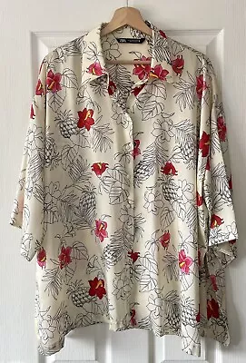 £14.40 • Buy Zara Cream Tropical Print Satin Long Shirt Top M Medium Oversized