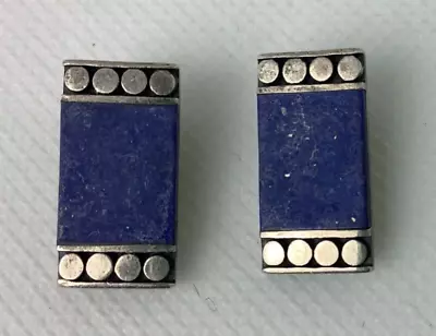 Vintage STERLING SILVER Blue Lapis Lazuli EARRINGS Modernist Geometric Design • $30