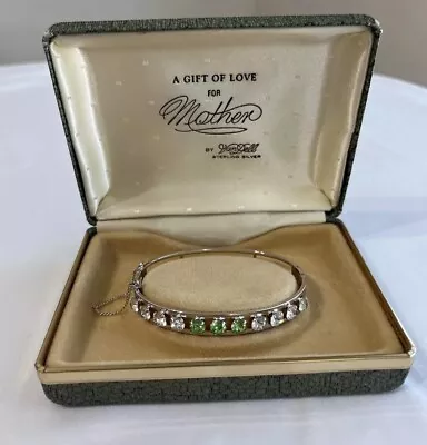Van Dell Sterling Light Green Clear Rhinestone Bracelet 1950 Safety Chain Box • $25