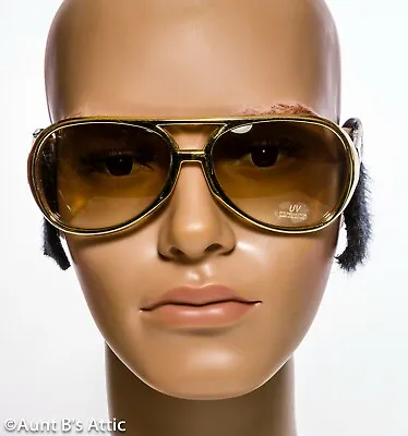 Elvis Sunglasses W/ Attached Sideburns Gold Plastic Frame Shaded Costume Glasses • $9.98