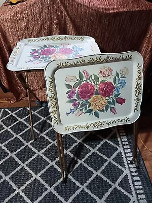 Vintage  Metal TV Tray With Folding Legs Floral Roses Set Of 2 • $110