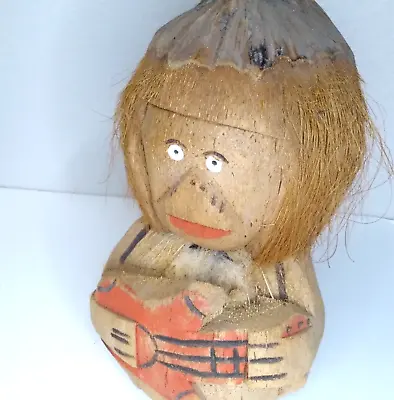 Hand Carved Coconut Monkey Playing Ukelele Guitar Vtg Tiki Decor • $12.35